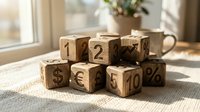 Wooden blocks with engraved numbers, currency symbols, and percent signs stacked on a linen surface near a sunny window, representing finance and investment.
