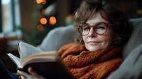 Mature Caucasian woman in glasses reading book while relaxing on couch, wrapped in cozy orange knit scarf. Warm evening atmosphere with bokeh lights in background.