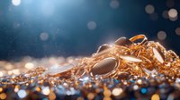Luxurious gold jewelry pieces scattered on reflective surface with bokeh lights and sparkles creating elegant atmosphere for fashion and luxury marketing.
