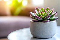 Purple-tipped succulent plant in modern gray ceramic pot on white table with soft natural lighting for home decor and interior design concepts.