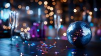 Shimmering disco ball with champagne glasses and confetti on dark surface, bokeh city lights background, celebration party nightlife entertainment venue decoration.