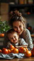 Young woman and toddler smiling in cozy kitchen with fresh oranges on table, warm autumn atmosphere for family lifestyle content.