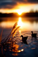 Ducks swimming in tranquil lake at sunset with golden light reflecting on water surface and silhouetted reeds swaying in foreground, creating peaceful nature scene.