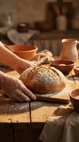 Hands holding freshly baked artisan bread loaf on wooden cutting board in rustic kitchen with clay pottery and warm natural lighting for cooking content.