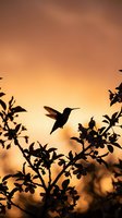 Hummingbird silhouette flying among flowering branches against warm golden sunset sky creating peaceful nature scene for wildlife and garden themes.