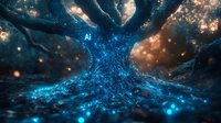 Glowing blue digital tree with circuit patterns emerging from dark ground against starry night sky, symbolizing artificial intelligence and technological growth in nature.