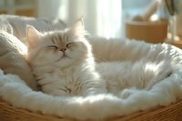 Cream colored Persian cat sleeping peacefully in cozy white fluffy bed basket, sunlit room creating warm atmospheric glow, expressing contentment and relaxation.