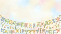 Pastel bunting and garland banners with stars, hearts, and geometric patterns on soft watercolor background for celebrations.
