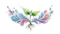 Young plant with roots sprouting colorful decorative swirls and flourishes in watercolor style on white background for eco-friendly design concepts.
