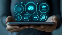 Glowing blue technology icons floating above smartphone display showing artificial intelligence, machine learning and digital transformation concepts.