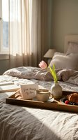 Romantic breakfast in bed with coffee, pastries and pink tulip on wooden tray. Cozy bedroom morning scene with good morning love note for Valentine's Day.