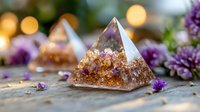 Crystal pyramid with amethyst and citrine stones on rustic wooden surface surrounded by purple flowers and soft bokeh lights creating magical atmosphere.