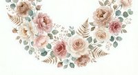 Watercolor floral wreath with blush pink roses and eucalyptus leaves on white background. Wedding invitation border design element for romantic stationery.
