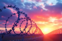 Barbed wire fence silhouette against dramatic sunset sky with purple and orange clouds, symbolizing border security and restriction of movement at dusk.