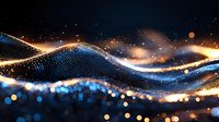Abstract digital wave of glowing particles with light streaks and bokeh effects on dark background, flowing dynamic network visualization in blue and gold tones.