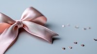 Pink satin bow with scattered rhinestone crystals on light gray background, elegant decorative element for wedding invitations and gift wrapping.