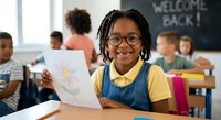 Young African American girl with braided hair and glasses smiling while holding colorful drawing in elementary school classroom with welcome back message on chalkboard.