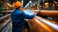 Male industrial engineer in orange hardhat and blue uniform examining technical documentation at pipeline facility during night shift inspection. Manufacturing quality control.