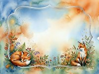 Watercolor foxes frame with wildflowers, ferns and berries on soft blue and orange background with copy space for text or design.