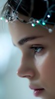 Close-up profile portrait with soft bokeh lights creating dreamy atmosphere. Natural makeup, clear skin, and expressive eye detail captured in gentle side lighting.