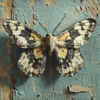 Vintage butterfly specimen with worn yellow and black wings displayed against weathered turquoise wall with peeling paint, creating nostalgic natural history aesthetic.