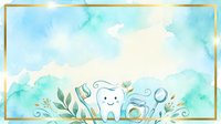 Smiling tooth character surrounded by dental tools and green foliage on watercolor background, isolated on transparent background for dental clinic marketing, healthcare design, and dentistry education materials.