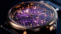 Luxury wristwatch with purple glittering dial face and rose gold case captured in macro detail, featuring sparkling bokeh effects and elegant time display.