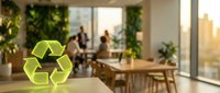 Green recycling symbol on wooden table in modern eco-friendly office space with plants and natural lighting for sustainability concepts.