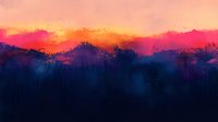 Dramatic sunset landscape with vibrant orange and pink sky over dark blue mountain silhouettes, creating moody atmospheric scene for wall art and nature photography.