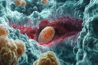 Microscopic view of cells and biological structures in turquoise and red tones showing cellular processes and interactions at molecular level for medical and scientific concepts.