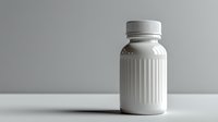 White medicine bottle with ribbed texture on neutral background, minimalist pharmaceutical container for wellness and healthcare products, clean studio lighting.