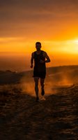 Male athlete jogging on rural dirt path during golden hour sunset, silhouetted against warm orange sky. Fitness and outdoor training concept for sports and wellness campaigns.