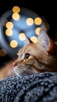 Close-up portrait of ginger cat with yellow eyes against blurred bokeh lights background, soft focus creates dreamy atmosphere for greeting cards and holiday designs.