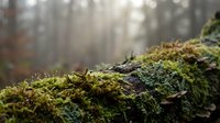 Moss covered fallen log in misty forest with soft sunlight filtering through trees creating peaceful woodland atmosphere for nature backgrounds.