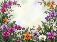 Watercolor floral frame with colorful orchids and ferns, soft pastel background with copy space for text, botanical border design.