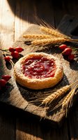 Rustic cherry jam tart on wooden board with wheat stalks and fresh berries in warm sunlight for bakery and homemade dessert concepts.