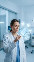 Female Caucasian doctor in white coat holds magnifying glass examining virtual medical icons in modern hospital clinic setting.