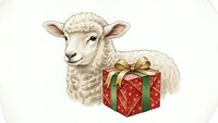 Cute white lamb with red gift box on isolated background for holiday greeting cards, Christmas decorations and seasonal design projects.