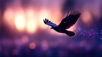 Mystical black raven flying against purple sunset sky with glowing bokeh lights and magical sparkles trailing behind its wings, creating ethereal atmospheric scene.