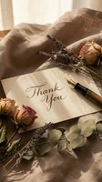 Handwritten thank you note with fountain pen surrounded by dried roses and lavender on linen fabric in warm natural light for gratitude expression.