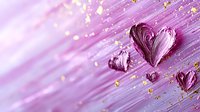 Purple heart petals with gold glitter on diagonal pink background, romantic floral composition with soft blur effect and dreamy atmosphere for valentines cards.