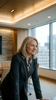 Confident mature businesswoman in suit leaning on desk in modern office with city view, professional executive leadership concept.