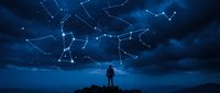 Person standing under starry night sky with glowing constellation patterns and connected stars above mountain silhouette for astronomy and space themes.