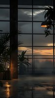 Modern interior space with floor-to-ceiling windows framing dramatic sunset over water, potted plants, pendant lamp, and wet reflective floor creating serene evening ambiance for design and lifestyle projects.