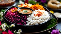 Traditional Indian thali with white basmati rice, beetroot salad, spicy curry sauce and fresh herbs served on black ceramic plate with tropical leaves.
