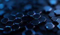 Dark hexagonal geometric pattern with glowing blue edges creates futuristic technological background texture for modern science and tech designs.