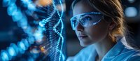 Female scientist in protective eyewear examining glowing DNA helix structure in dark laboratory environment with blue technological visualization.