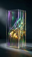Stacked transparent acrylic sheets with vibrant neon light refraction creating purple, green, and golden glowing effects for modern design projects.