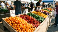 Fresh organic vegetables and fruits displayed at local farmers market with colorful produce including peppers, oranges, and greens attracting shoppers.