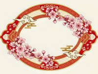Ornate oval frame with cherry blossom flowers and traditional Asian decorative elements on cream background for festive design projects.